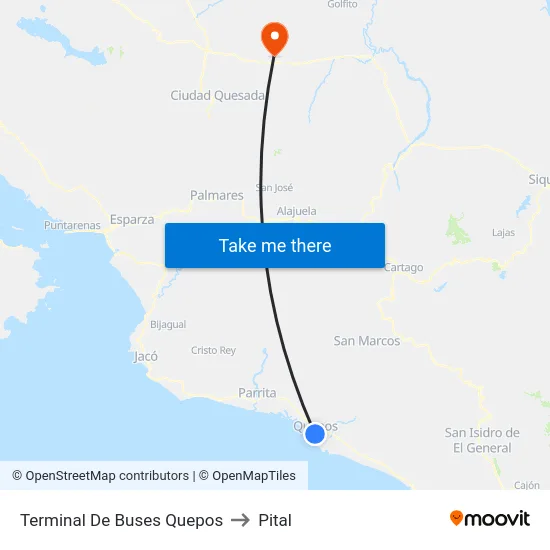 Terminal De Buses Quepos to Pital map