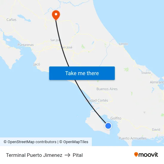 Terminal Puerto Jimenez to Pital map