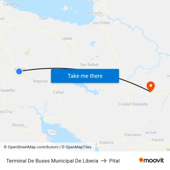 Terminal De Buses Municipal De Liberia to Pital map