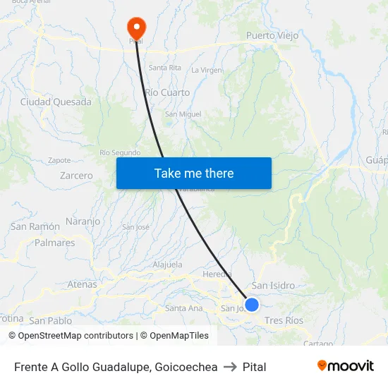 Frente A Gollo Guadalupe, Goicoechea to Pital map