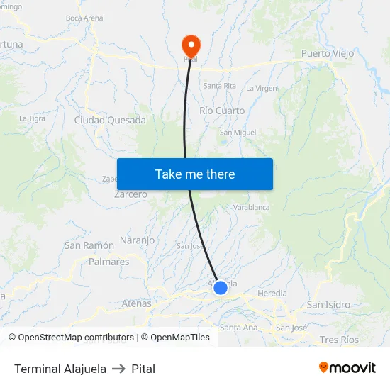 Terminal Alajuela to Pital map