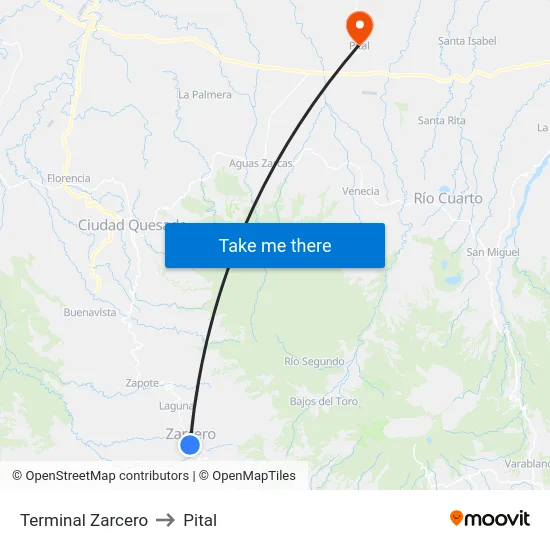 Terminal Zarcero to Pital map