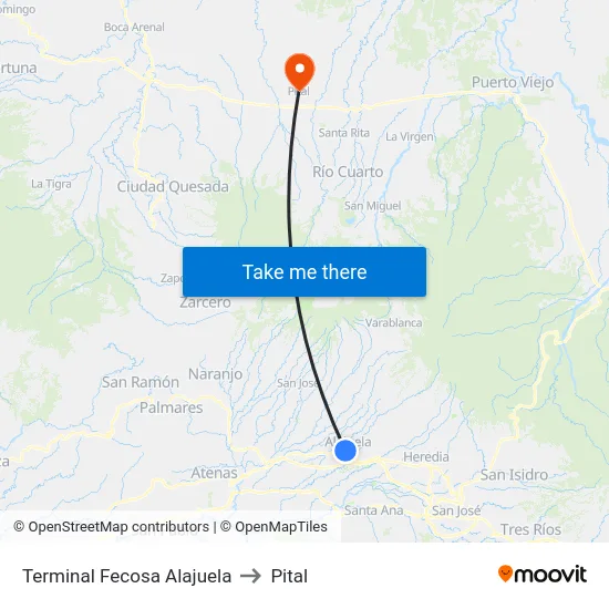 Terminal Fecosa Alajuela to Pital map