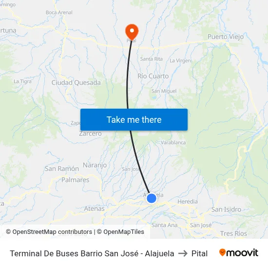 Terminal De Buses Barrio San José - Alajuela to Pital map