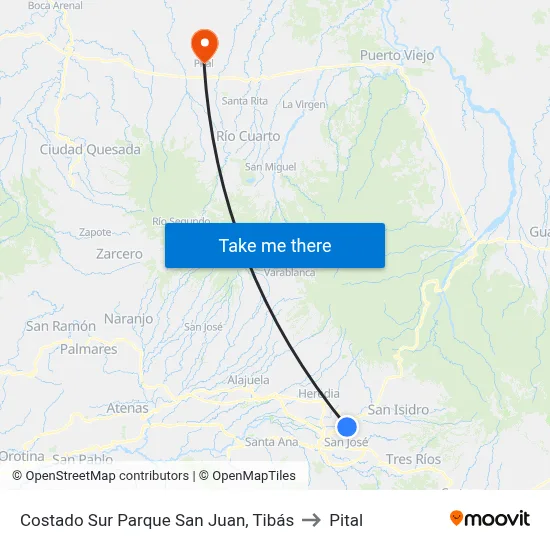Costado Sur Parque San Juan, Tibás to Pital map