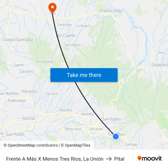 Frente A Más X Menos Tres Ríos, La Unión to Pital map