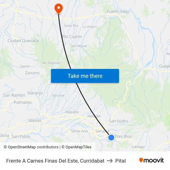 Frente A Carnes Finas Del Este, Curridabat to Pital map