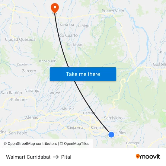 Walmart Curridabat to Pital map