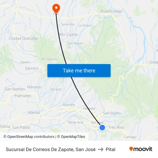 Sucursal De Correos De Zapote, San José to Pital map