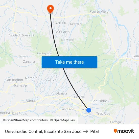 Universidad Central, Escalante San José to Pital map