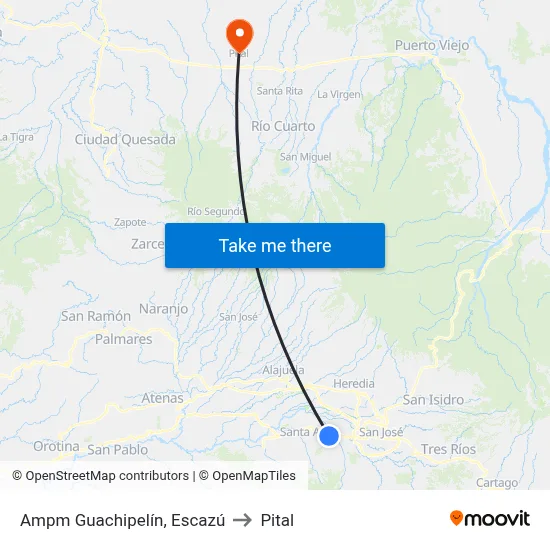 Ampm Guachipelín, Escazú to Pital map