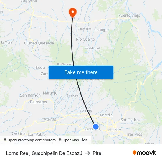Loma Real, Guachipelín De Escazú to Pital map