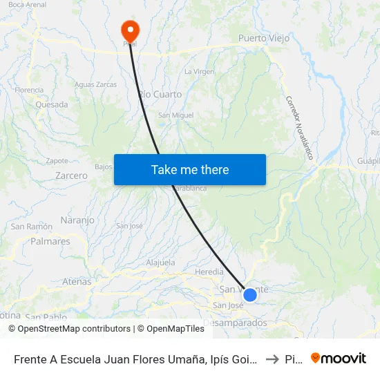 Frente A Escuela Juan Flores Umaña, Ipís Goicoechea to Pital map