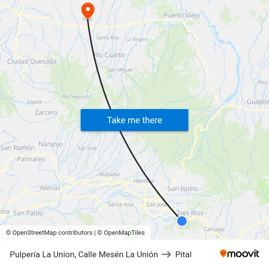 Pulpería La Union, Calle Mesén La Unión to Pital map