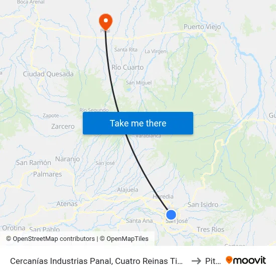 Cercanías Industrias Panal, Cuatro Reinas Tibás to Pital map