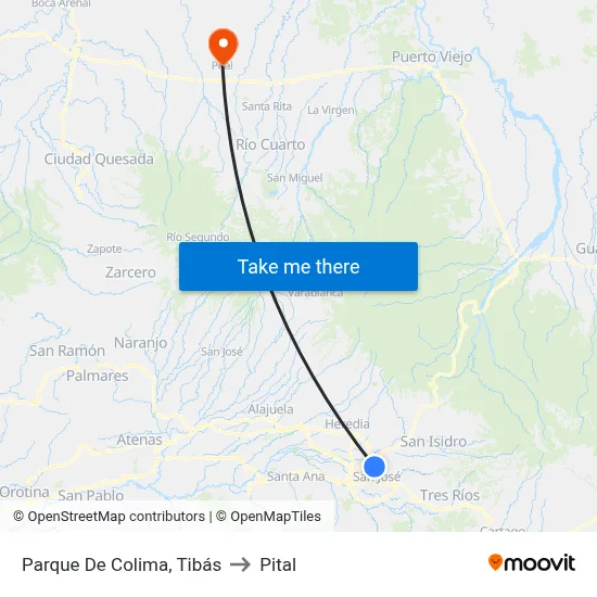 Parque De Colima, Tibás to Pital map