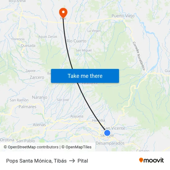 Pops Santa Mónica, Tibás to Pital map