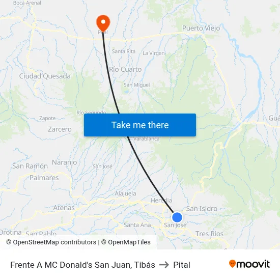 Frente A MC Donald's San Juan, Tibás to Pital map
