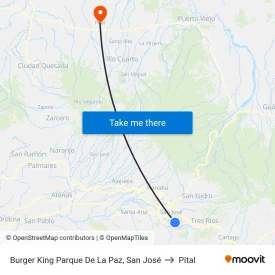 Burger King Parque De La Paz, San José to Pital map