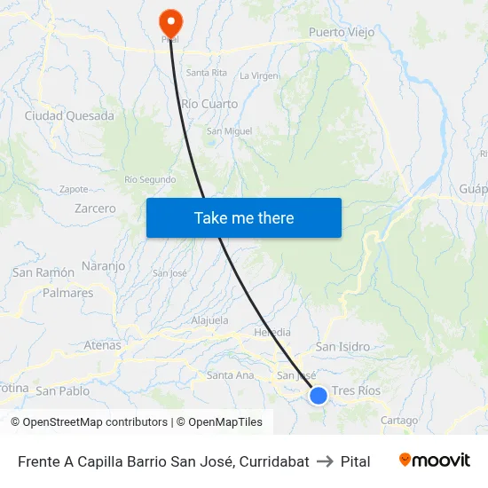 Frente A Capilla Barrio San José, Curridabat to Pital map