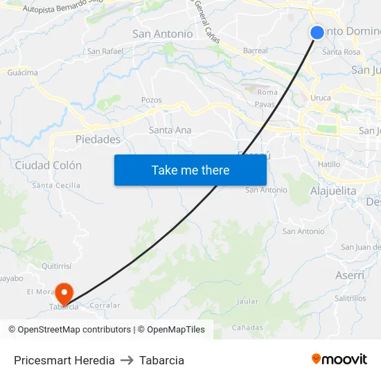 Pricesmart Heredia to Tabarcia map