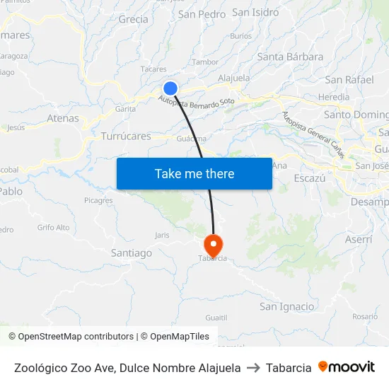 Zoológico Zoo Ave, Dulce Nombre Alajuela to Tabarcia map