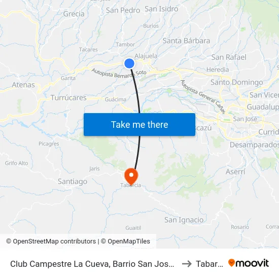 Club Campestre La Cueva, Barrio San José Alajuela to Tabarcia map
