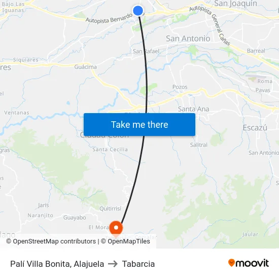 Palí Villa Bonita, Alajuela to Tabarcia map