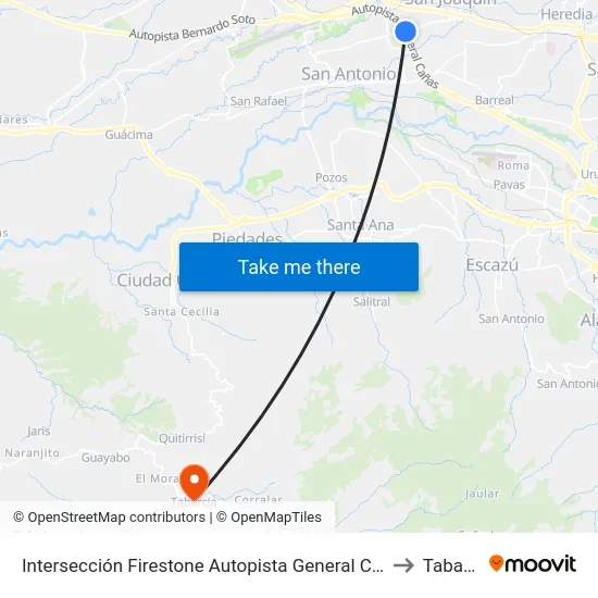 Intersección Firestone Autopista General Cañas, Belén to Tabarcia map