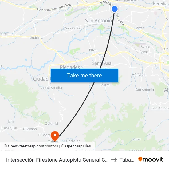 Intersección Firestone Autopista General Cañas, Belén to Tabarcia map