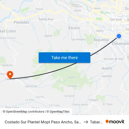 Costado Sur Plantel Mopt Paso Ancho, San José to Tabarcia map