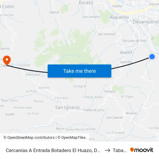 Cercanías A Entrada Botadero El Huazo, Desamparados to Tabarcia map