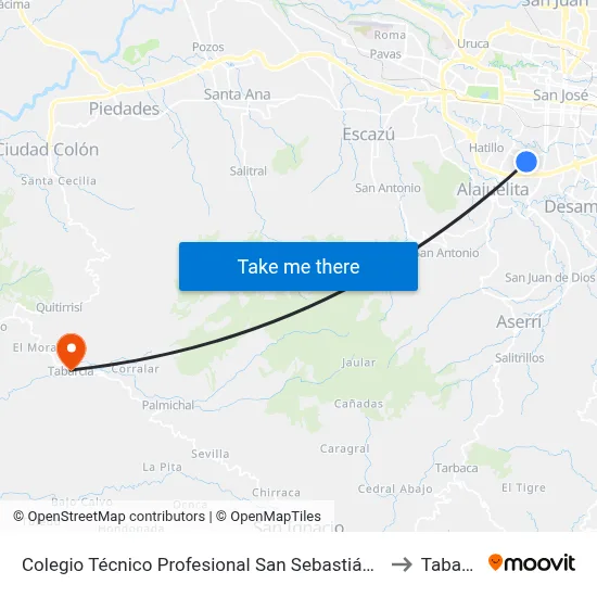 Colegio Técnico Profesional San Sebastián, San José to Tabarcia map