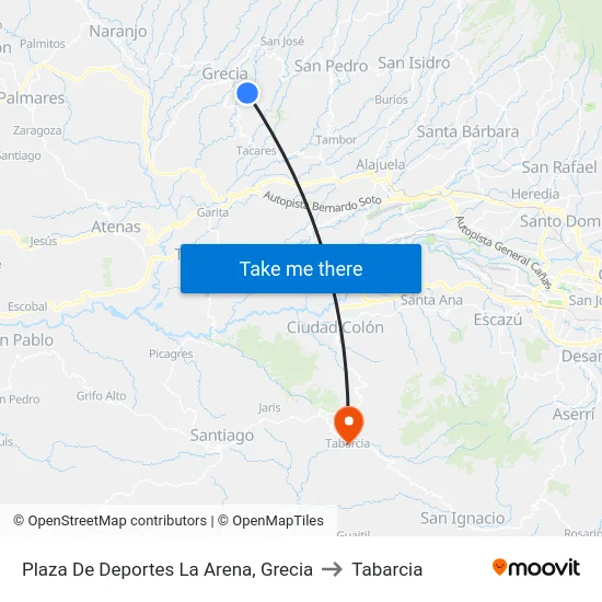 Plaza De Deportes La Arena, Grecia to Tabarcia map