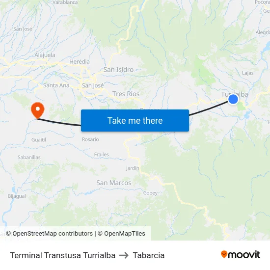 Terminal Transtusa Turrialba to Tabarcia map