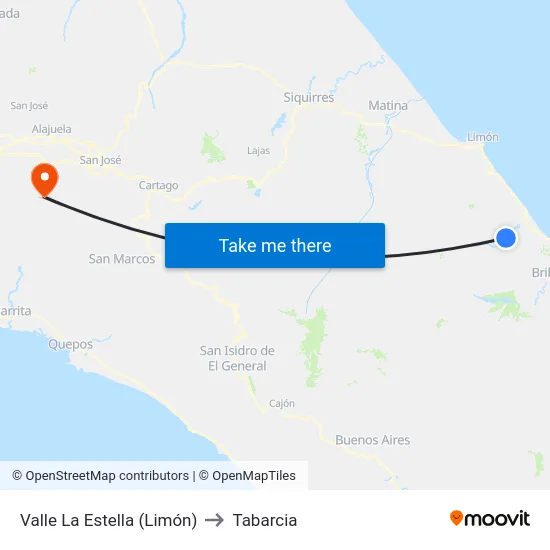 Valle La Estella (Limón) to Tabarcia map