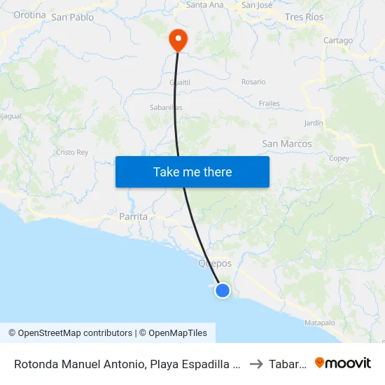 Rotonda Manuel Antonio, Playa Espadilla Quepos to Tabarcia map