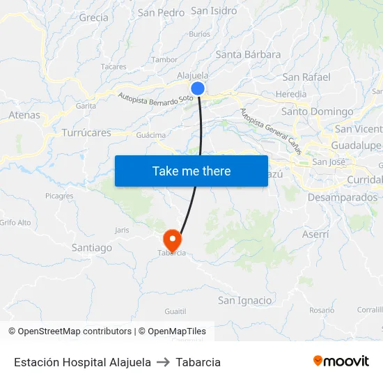 Estación Hospital Alajuela to Tabarcia map