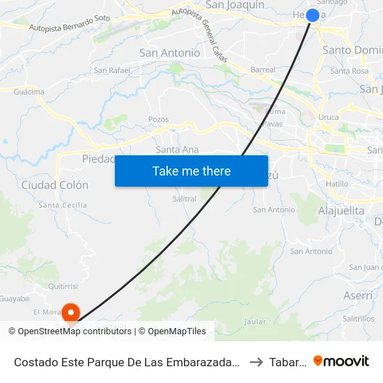 En Parque González Flores, Heredia to Tabarcia map