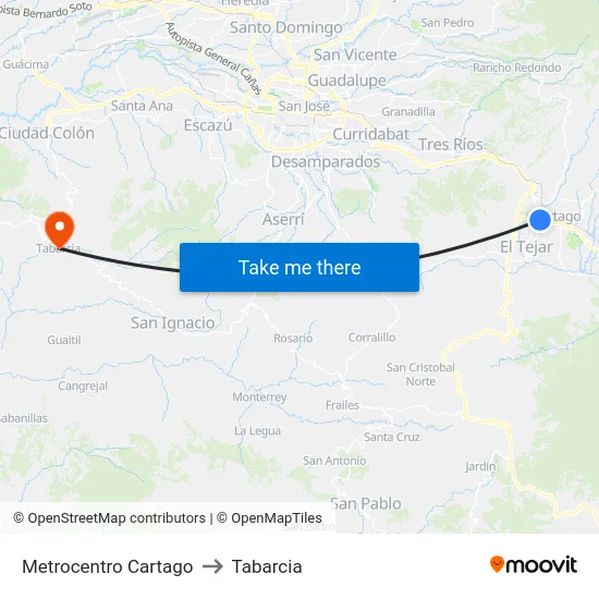 Metrocentro Cartago to Tabarcia map