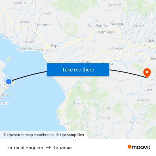 Terminal Paquera to Tabarcia map
