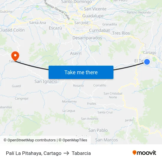 Palí La Pitahaya, Cartago to Tabarcia map