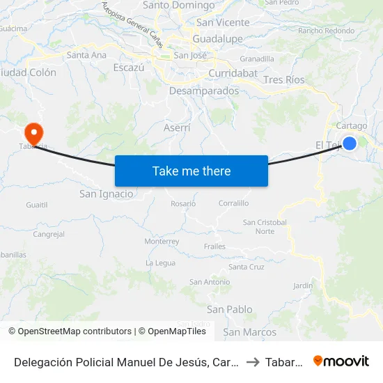 Delegación Policial Manuel De Jesús, Cartago to Tabarcia map