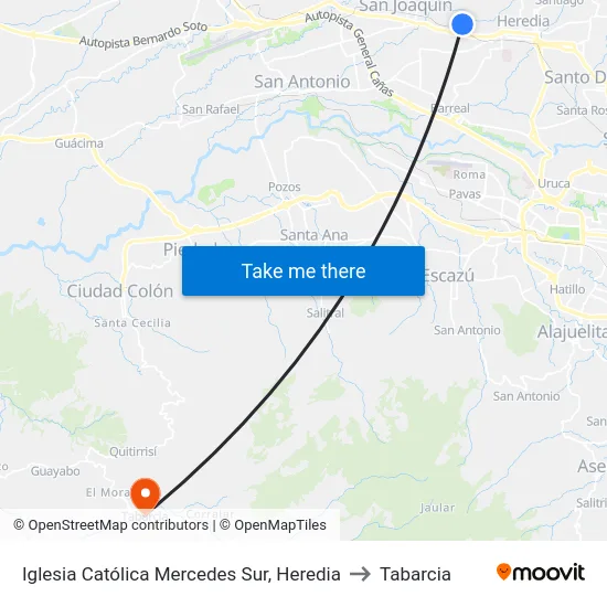 Iglesia Católica Mercedes Sur, Heredia to Tabarcia map