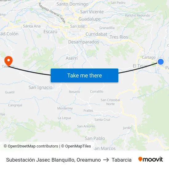 Subestación Jasec Blanquillo, Oreamuno to Tabarcia map