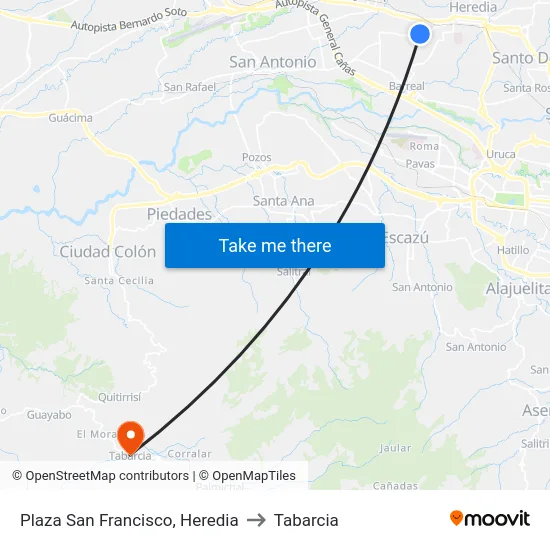 Plaza San Francisco, Heredia to Tabarcia map