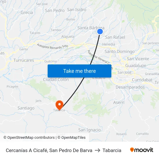 Cercanías A Cicafé, San Pedro De Barva to Tabarcia map