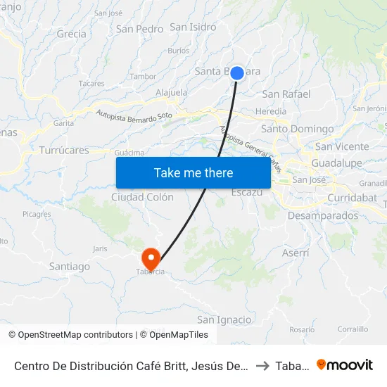 Centro De Distribución Café Britt, Jesús De Santa Bárbara to Tabarcia map