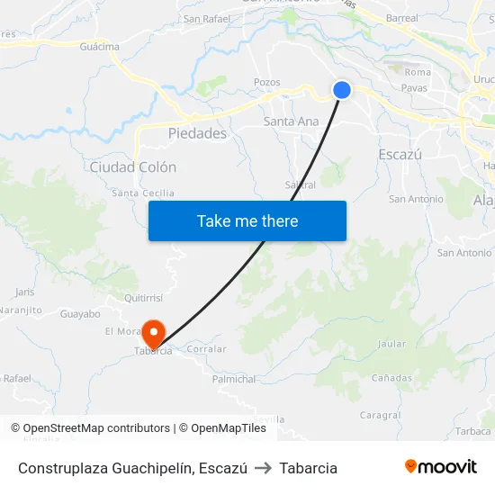Construplaza Guachipelín, Escazú to Tabarcia map