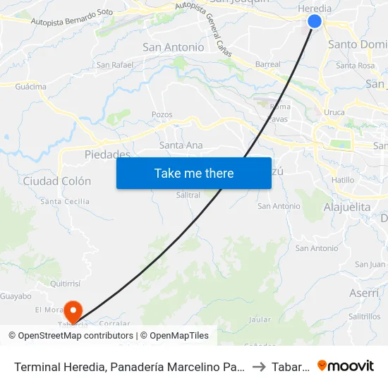 Terminal Heredia, Panadería Marcelino Pan Y Vino to Tabarcia map